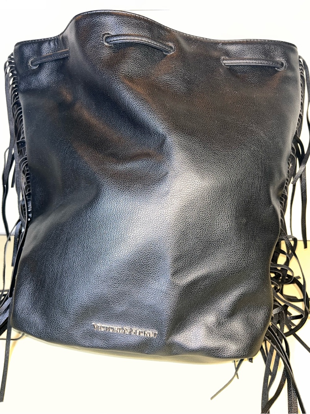 Victorias Secret Black Fringe Backpack Rucksack Cinch Bag Western Boho Biker